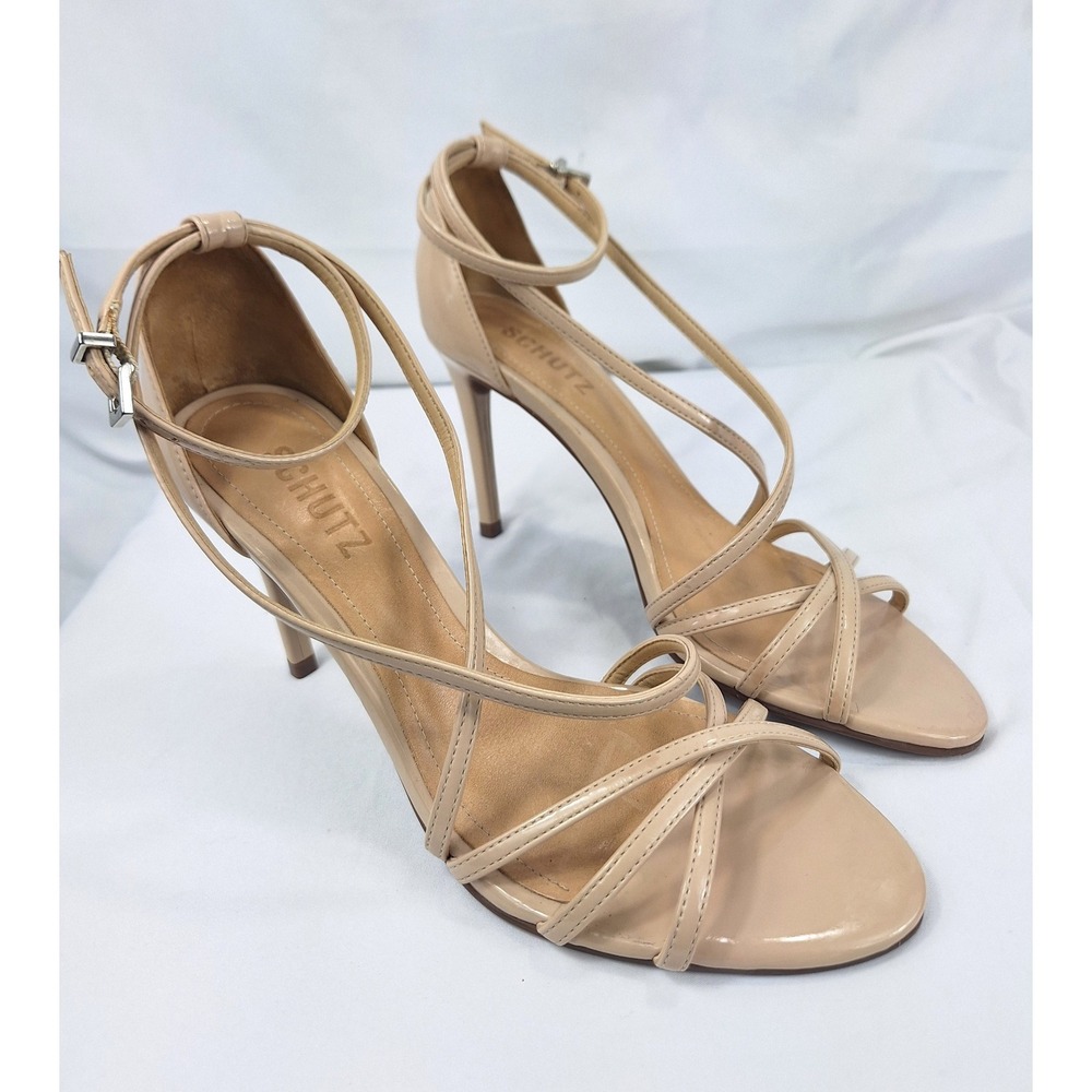 Schutz Nude Beige Patent Leather Strappy Stiletto Ankle Strap Heels Size 9‎ / 40